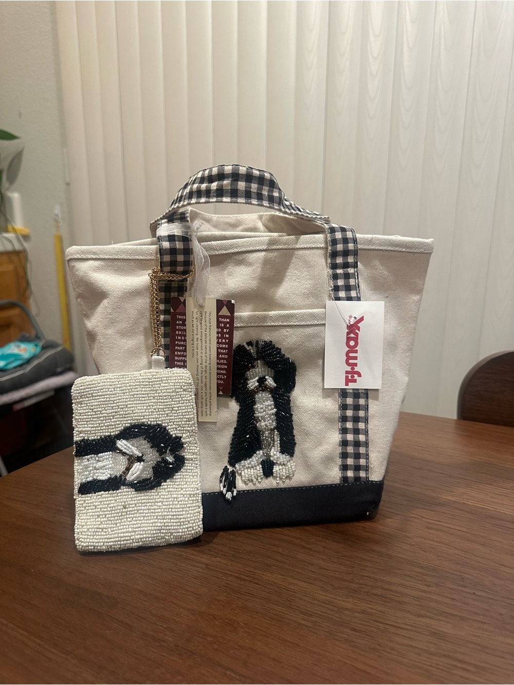 T.J.Maxx Cream and Black Canvas Mini Tote with Beaded Dog Design